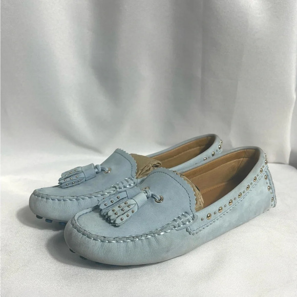Coach Norfolk Nubuck Blue Mist 7M Loafers Leather Silver Studded and Tassel - Picture 2 of 11